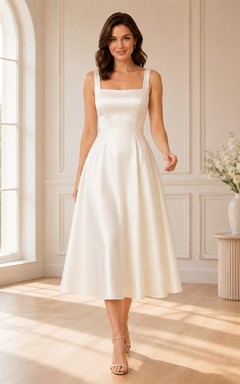 Simple Square Neck Satin A-Line Tea-Length Civil Courthouse Wedding Dress