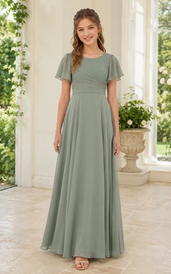 Vestido de dama de honor juvenil color celadón, corte en A, estilo joya, manga corta, pétalos plisados, romántico.