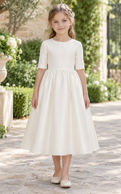 Simple Modest Tea-length Ivory Jewel Half-sleeve Gathered Satin-skirt Button-back Flower Girl Dress
