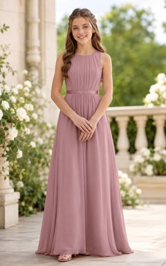 Vestido de dama de honor juvenil color rosa empolvado, corte en A, sin mangas, color joya.