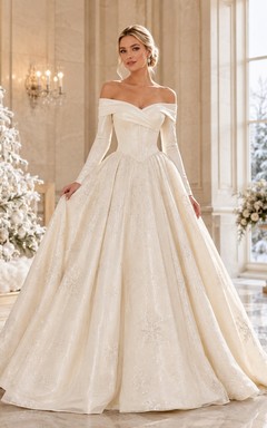 Ivory Luxury Off-the-shoulder Long Sleeve Sequined Tulle Ball Gown Floor-length Winter Formal Dress