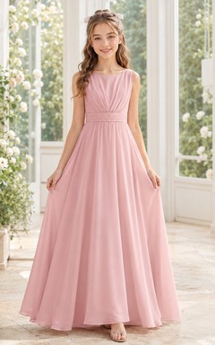 Elegantes, ärmelloses, bodenlanges A-Linien-Brautjungfernkleid in zartem Rosa aus Chiffon mit hohem Kragen