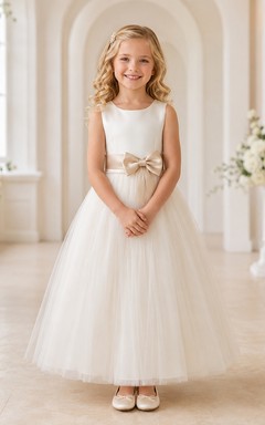 Ärmelloses, bodenlanges A-Linien-Kleid aus Satin-Tüll mit Schleife für Blumenmädchen – formelles Hochzeitskleid