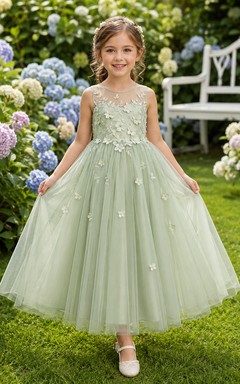 Sage Ankle-Length Ball Gown Flower Girl Dress with Sleeveless Illusion Scoop Bodice, Floral Appliques and Zipper Back