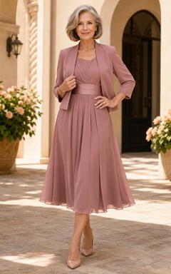 Altrosafarbenes, schlichtes, dreiviertellanges Chiffon-Kleid in A-Linien-Form mit Rundhalsausschnitt – perfekt für die Großmutter der Braut