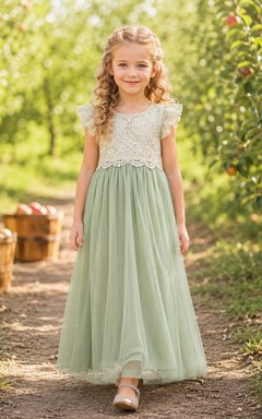 Vestido de jardín para niña de flores, corte A, de tul, con encaje de ganchillo y mangas con volantes, color verde salvia.