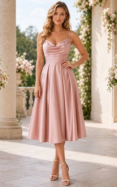 Blush Satin Cowl Neck Spaghetti A-Line Tea-Length Romantic Wedding Guest Dress