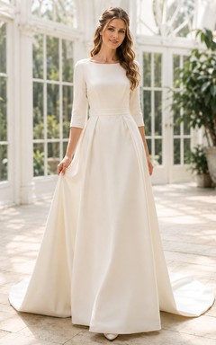 Minimal Bateau Neck Satin Wedding A Line Three Quarter Sleeve Chapel Train