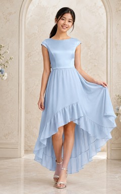 Vestido de dama de honor juvenil azul cielo, corte en A, estilo joya, manga corta, corte asimétrico, gasa, volantes, romántico.