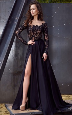 Elegantes, quadratisches A-Linien-Abendkleid aus Spitze und Satin mit Schleppe und Applikationen