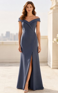 Slate Blue Off Shoulder High Slit Floor Length Sheath Formal Dress
