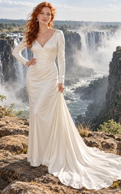 Vestido de novia sencillo de satén con escote en V, manga larga, corpiño drapeado y espalda descubierta.