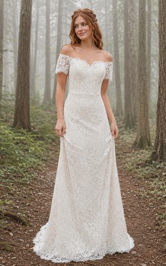 Schulterfreies, ärmelloses Etuikleid aus Waldspitze für eine intime Hochzeit