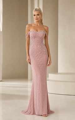 Paillettenbesetztes, schulterfreies Meerjungfrauen-Abendkleid in Rosa