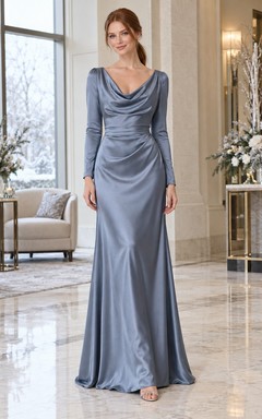 Winter Wedding Steel Blue Satin Cowl-Neck Long Sleeve Floor-Length Bridesmaid Dress