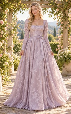 Renaissance Lavender Square Neck Long Sleeve Floral Lace Bridesmaid Dress