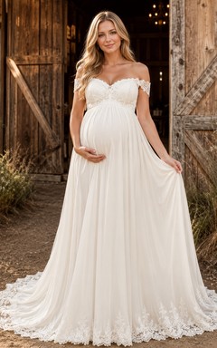 A-Line Boho Maternity Wedding Dress Off Shoulder Lace Bodice Bridal Gown with Sweep Train