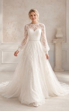 Langärmeliges, transparentes A-Linien-Brautkleid aus Spitze