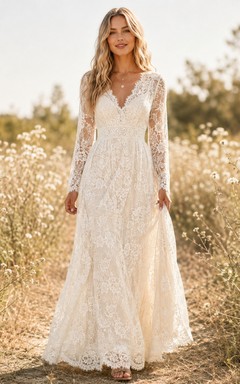 Robe de mariée bohème à col en V, manches longues, dentelle florale, coupe trapèze, ourlet festonné et dos nu plongeant en V