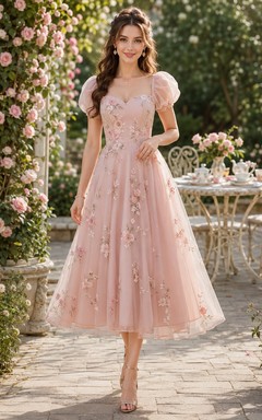 Vestido de fiesta adorable de corte A, largo hasta la rodilla, con estampado floral y mangas abullonadas, en tono rosa empolvado.