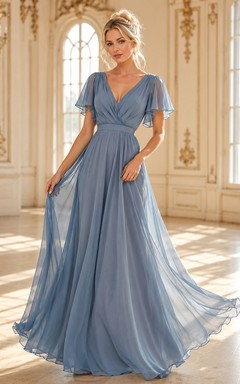 Stahlblaues, plissiertes Chiffon-Abendkleid in A-Linie mit V-Ausschnitt, Blütenblattärmeln und tiefem V-Ausschnitt