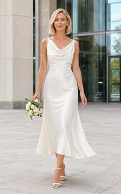 Elfenbeinfarbenes Cocktailkleid aus Satin mit Wasserfallausschnitt und Teelänge