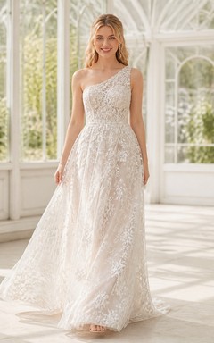 Vestido de novia romántico moderno de encaje, corte A, largo hasta el suelo y con un solo hombro