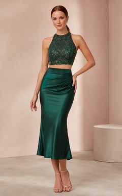 Emerald Two Piece Homecoming Set with Beaded Sleeveless Bodice Satin Midi Skirt Sculpted Waist and Fluid Drape