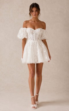 Ivory Short/Mini Off-the-shoulder Lace A-line Wedding Dress with Lace