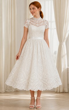 Modest Mother Tea-length A-Line High Neck Geometric Lace Dress