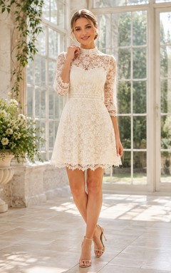 Lace V-Neck Three Quarter Sleeve Vintage Wedding Dress
