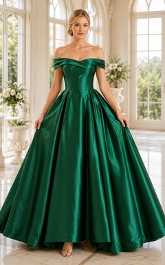 Vestido de gala largo de satén color esmeralda, sin mangas, con escote Bardot y plisado.