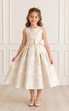 Robe de demoiselle d'honneur en brocart champagne à fleurs, col rond, sans manches, taille nouée, longueur thé, coupe trapèze, col rond, sans manches, taille haute