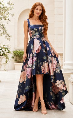 Navy Floral High Low Overskirt Garden Occasion Dress