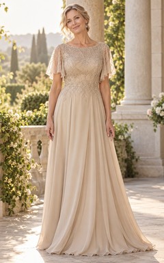 Champagne Formal Jewel-Neck Flutter-Sleeve Beaded-Lace Chiffon Flowing A-Line Trailing Evening Gown