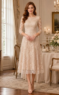 Champagne Lace Three Quarter Sleeve A Line Family Ceremony Dress