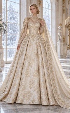 Vestido de novia vintage de cuello alto, manga larga, estampado floral dorado y capa.