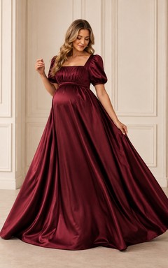 Burgundy Maternity Square Neck Short Sleeve Satin Ball Gown Floor-length Vintage Formal Dress