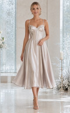 Silver Sweetheart Spaghetti Corset Satin A Line Midi Guest Dress