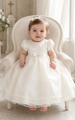Satin Bodice Organza Skirt Baby Baptism A-Line Puff Sleeve Dress Simple