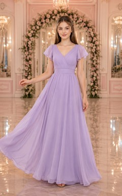 Lavendelfarbenes Brautjungfernkleid für junge Damen, A-Linie, V-Ausschnitt, kurze Blütenblattärmel, Falten-Detail, elegant