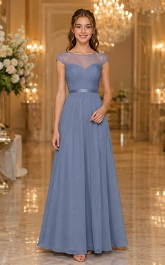 Schieferblaues Brautjungfernkleid für junge Damen, A-Linie, herzförmiger Schnitt, kurze Ärmel, plissiert, elegant