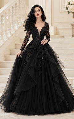 Black V-Neck Long Sleeve Lace Tulle Ball Gown Floor-Length Prom Dress