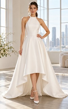 Schlichtes, ärmelloses Satin-Brautkleid mit hohem Bund und Schleppe