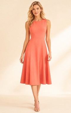 Robe mi-longue plissée sans manches en satin corail à col rond et col rond plissé