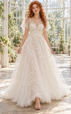 Romantic Flutter Sleeve Floral Lace Illusion Neck A-line Bridal Wedding Dress