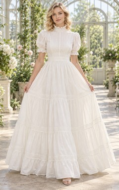High Neck Puff Sleeve Pintucked Ruffled Tiered Woven Romantic Full-Length Wedding Dress