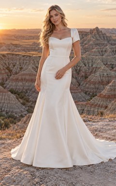 Vestido de novia sencillo de corte sirena, escote corazón, manga corta, satén mate liso y ajustado.