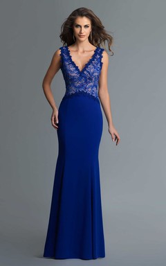 Sheath Long V-Neck Sleeveless Jersey Deep-V Back Dress With Lace