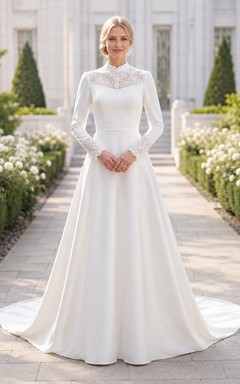 Vestido de novia modesto de cuello alto y manga larga estilo Temple Garden